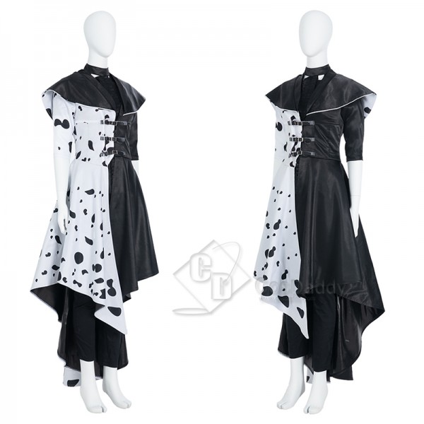 Cruella De Vil Cosplay Costume Black White Polka Dot Dress Halloween Outfit