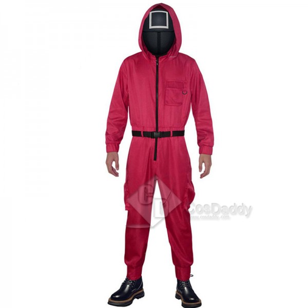 2021 South Korean Movie Squid Game Cosplay Costume Game Manager Red Jumpsuit Black Mask