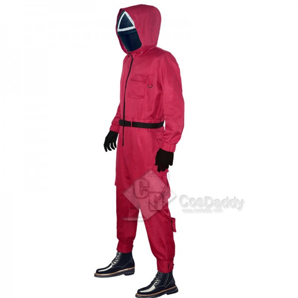 2021 South Korean Movie Squid Game Cosplay Costume Game Manager Red Jumpsuit Black Mask