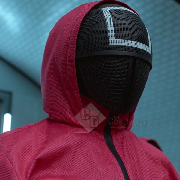 2021 South Korean Movie Squid Game Cosplay Costume Game Manager Red Jumpsuit Black Mask