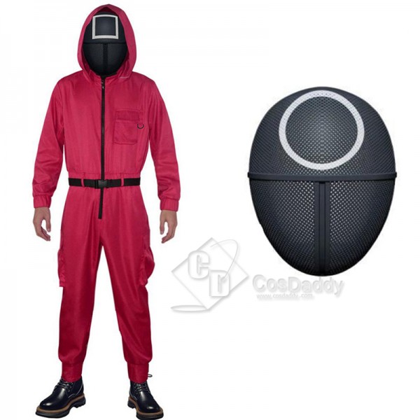 2021 South Korean Movie Squid Game Cosplay Costume Game Manager Red Jumpsuit Black Mask