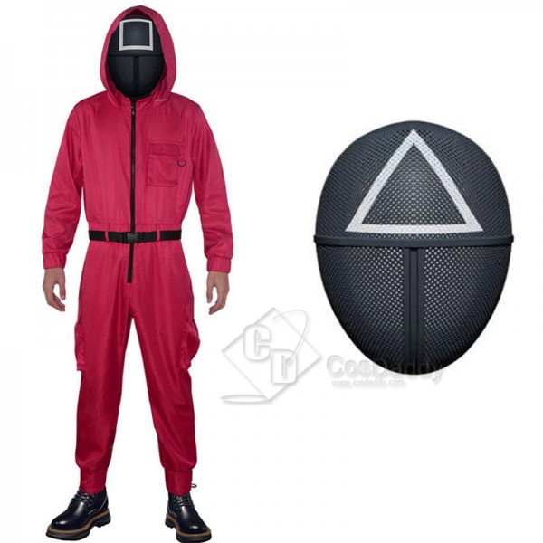 2021 South Korean Movie Squid Game Cosplay Costume Game Manager Red Jumpsuit Black Mask