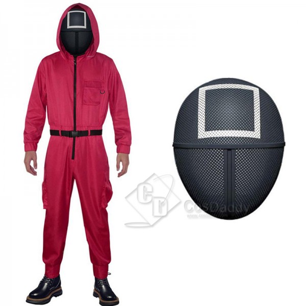 2021 South Korean Movie Squid Game Cosplay Costume Game Manager Red Jumpsuit Black Mask