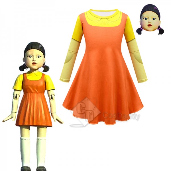 Squid Game 123 Wooden Man Robot Doll Cosplay Costume Yellow Dress Scary Mask For Adult Girl
