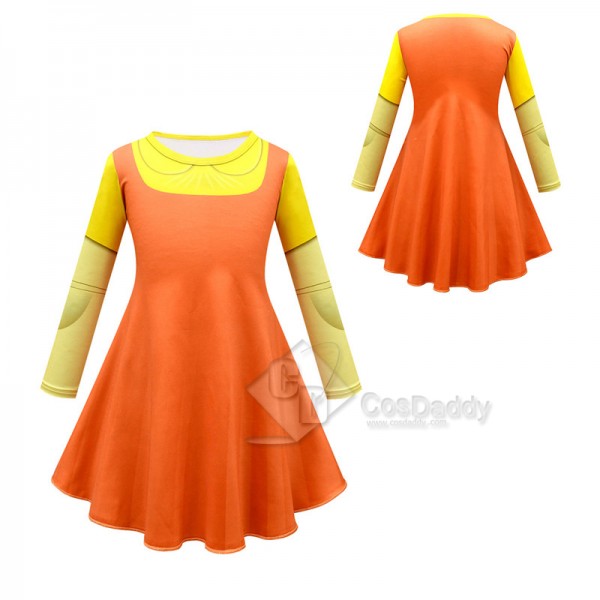 Squid Game 123 Wooden Man Robot Doll Cosplay Costume Yellow Dress Scary Mask For Adult Girl
