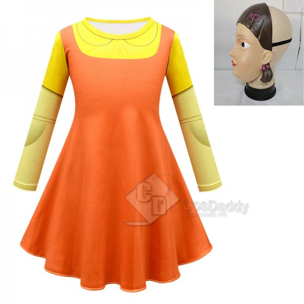 Squid Game 123 Wooden Man Robot Doll Cosplay Costume Yellow Dress Scary Mask For Adult Girl
