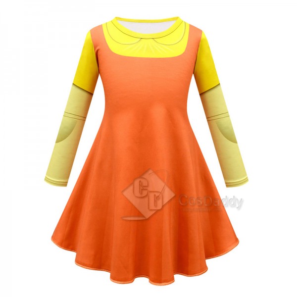 Squid Game 123 Wooden Man Robot Doll Cosplay Costume Yellow Dress Scary Mask For Adult Girl