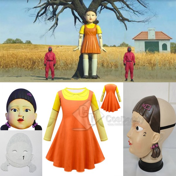 Squid Game 123 Wooden Man Robot Doll Cosplay Costume Yellow Dress Scary Mask For Adult Girl