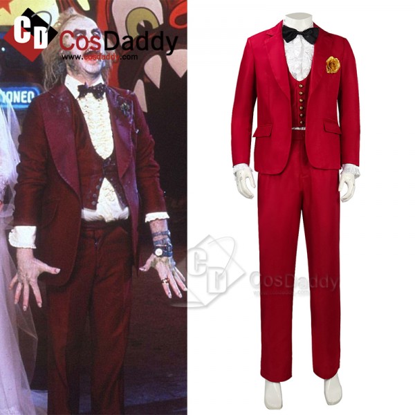 Movie Beetle Juice Mr Beetlejuice Michael Keaton Red Wedding Suit Cosplay Costume