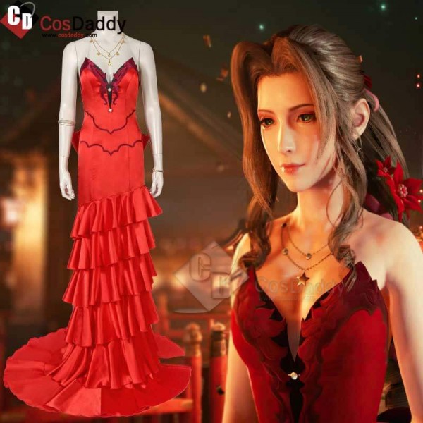 Final Fantasy VII Remake FF7 Aerith Gainsborough Red Dress Halloween Cosplay Costume