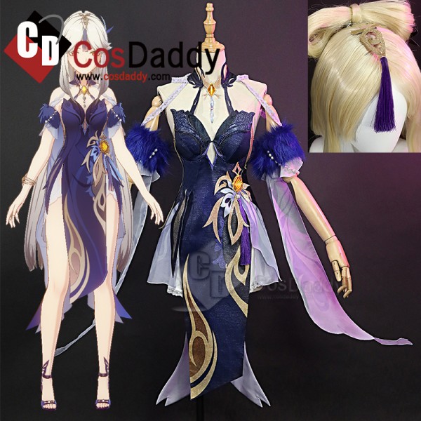 Genshin Impact Ningguang Orchids Evening Gown Cosplay Costume Blue Dress Chinese Qipao