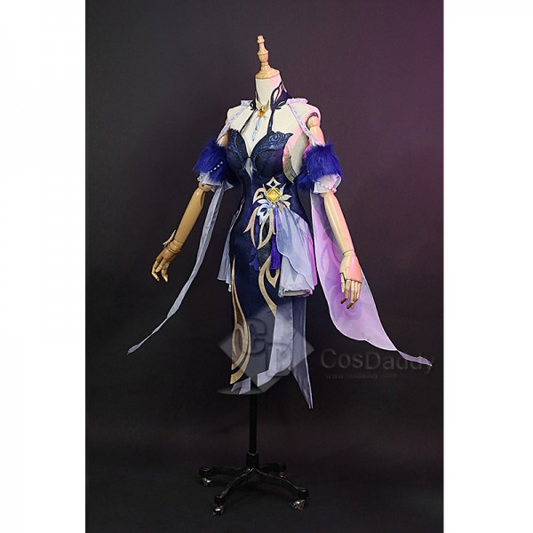 Genshin Impact Ningguang Orchids Evening Gown Cosplay Costume Blue Dress Chinese Qipao