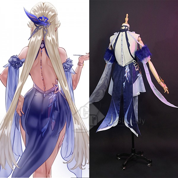 Genshin Impact Ningguang Orchids Evening Gown Cosplay Costume Blue Dress Chinese Qipao