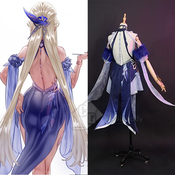 Genshin Impact Ningguang Orchids Evening Gown Cosplay Costume Blue Dress Chinese Qipao