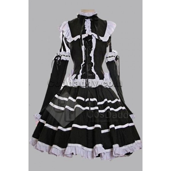 Black Cotton Bandage Striped Gothic Lolita Dress C...