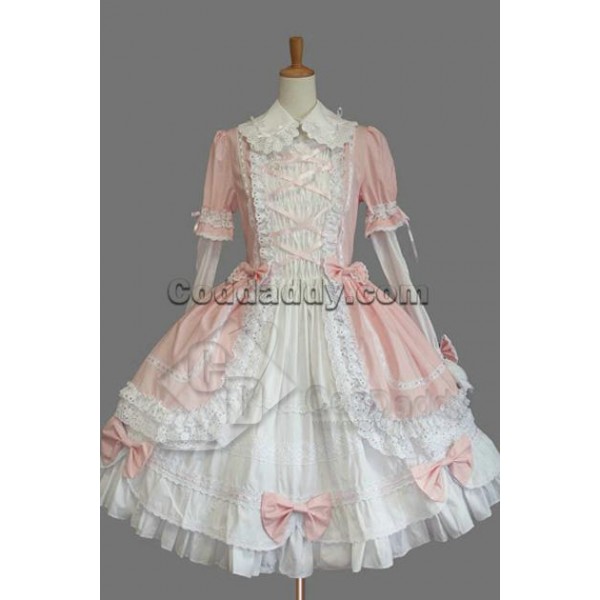Gothic Lolita Long Sleeves Pink and White Dress Co...