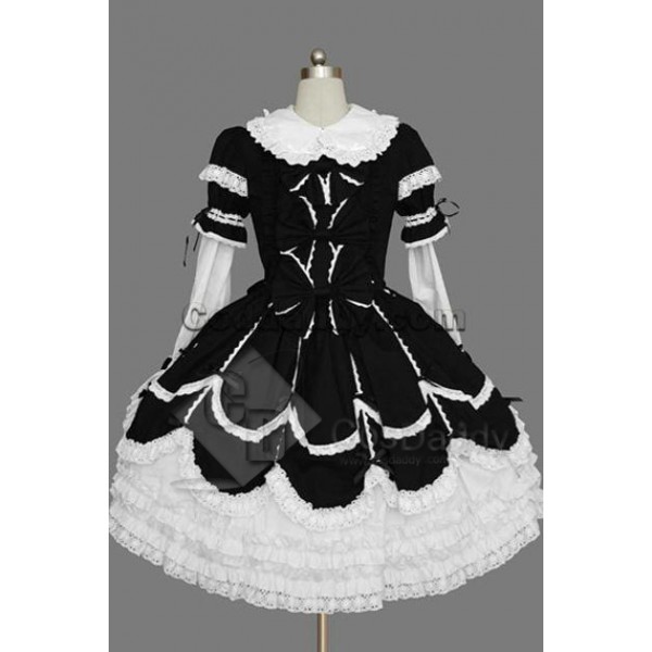 Gothic Lolita Long Sleeve White Black Dress Cospla...