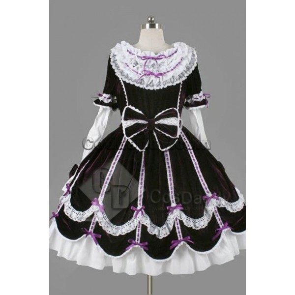 Gothic Lolita Long Sleeves White Lace Black Dress ...