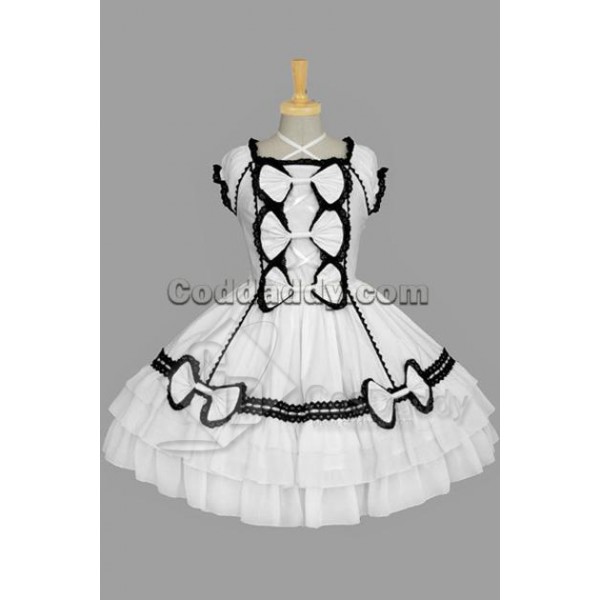 Gothic Lolita Sleeveless Black Lace White Dress Cosplay Costume  