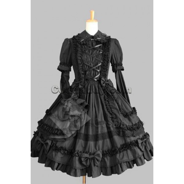 Gothic Lolita Long Sleeves Black Dress Cosplay Cos...