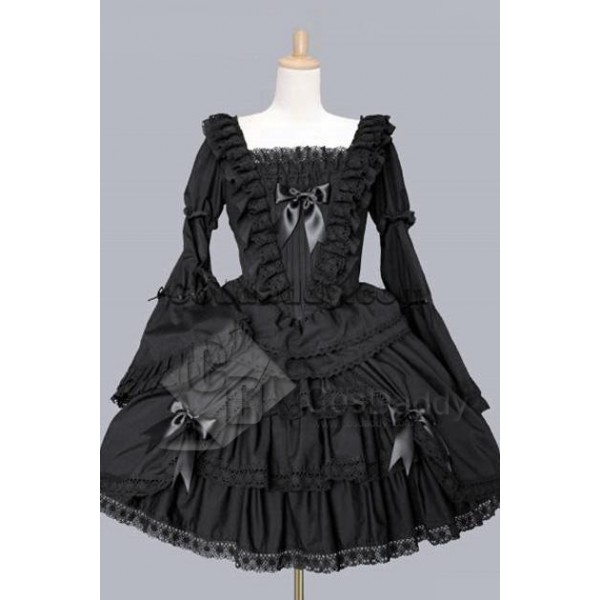 Gothic Lolita Long Sleeves Black Dress Cosplay Cos...
