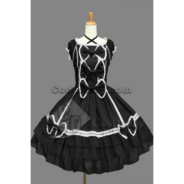 Gothic Lolita Sleeveless White Lace Black Dress Co...