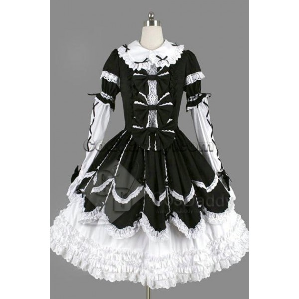 Gothic Lolita Long Sleeve White Black Dress Cospla...