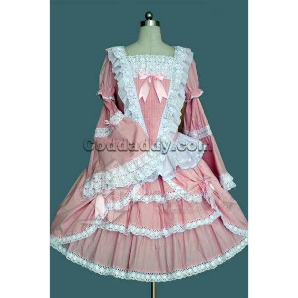Pink And White Long Sleeves Cotton Gothic Lolita D...