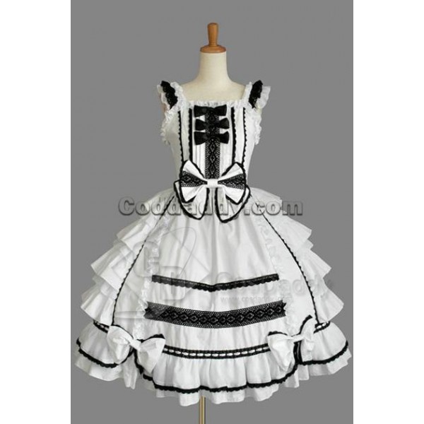 Gothic Lolita Sleeveless Black Lace White Dress Co...
