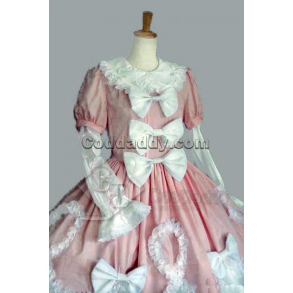 Pink And White Long Sleeves Cotton Gothic Lolita D...