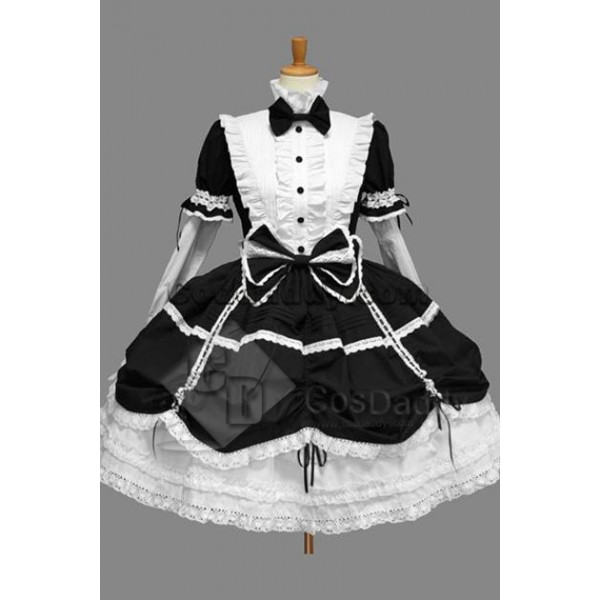 Gothic Lolita Long Sleeve White Black Dress Cosplay Costume 