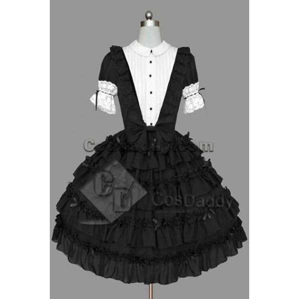 Gothic Lolita Short Sleeve White Black Dress Cospl...