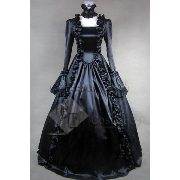 Victorian Gothic Satin Jacquard Dress Ball Gown Co...