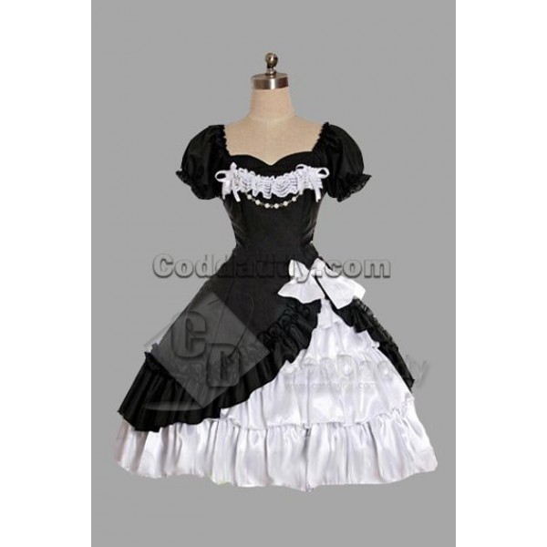 Black And White Satin Yarn Lolita Dress Cosplay Co...