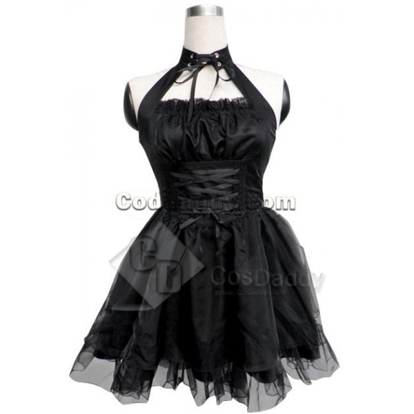 Black Cotton Polyester Sleeveless Bandage Halter Pleated Lolita Dress Cosplay Costume 