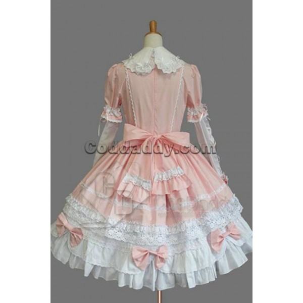 Gothic Lolita Long Sleeves Pink and White Dress Cosplay Costume 