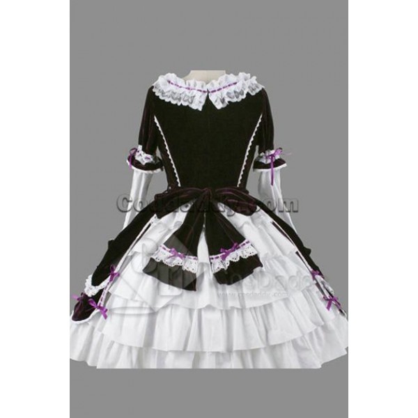Gothic Lolita Long Sleeves White Lace Black Dress Cosplay Costume