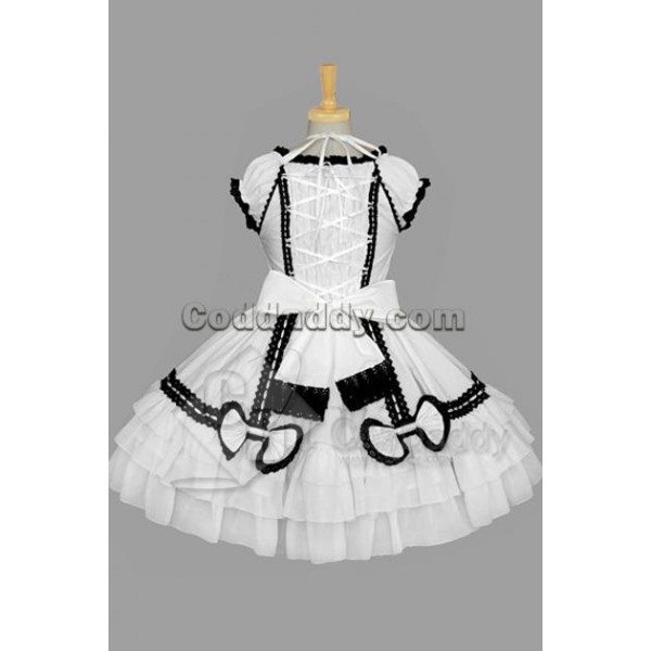 Gothic Lolita Sleeveless Black Lace White Dress Cosplay Costume  