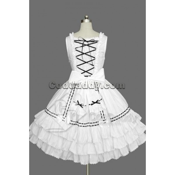 Gothic Lolita Sleeveless White and Black Lace Dress Cosplay Costume