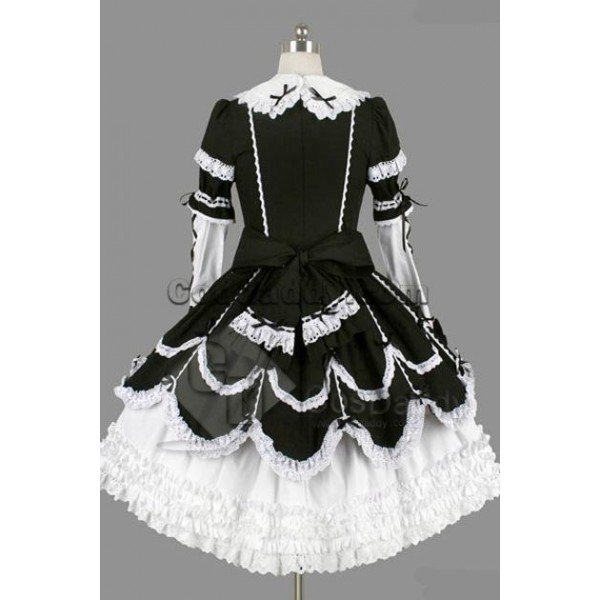 Gothic Lolita Long Sleeve White Black Dress Cosplay Costume 