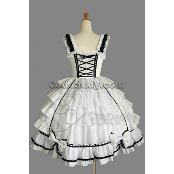 Gothic Lolita Sleeveless Black Lace White Dress Cosplay Costume