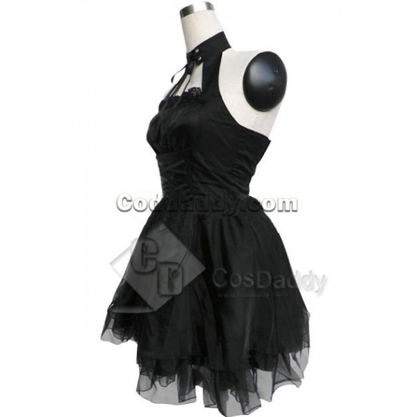 Black Cotton Polyester Sleeveless Bandage Halter Pleated Lolita Dress Cosplay Costume 