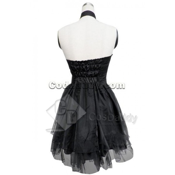 Black Cotton Polyester Sleeveless Bandage Halter Pleated Lolita Dress Cosplay Costume 