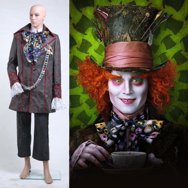 Alice In Wonderland Johnny Depp Mad Hatter Jacket Pants Tie 6 pcs Cosplay Costume 