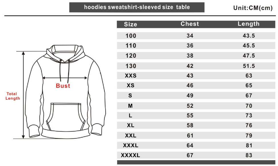 Stranger Things Hoodie Sweatshirts Size Chart
